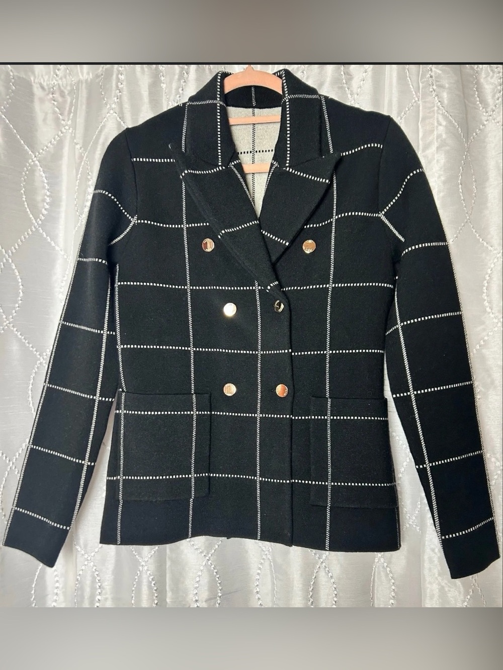 Black Windowpane Double-Breasted Blazer with Gold Buttons
